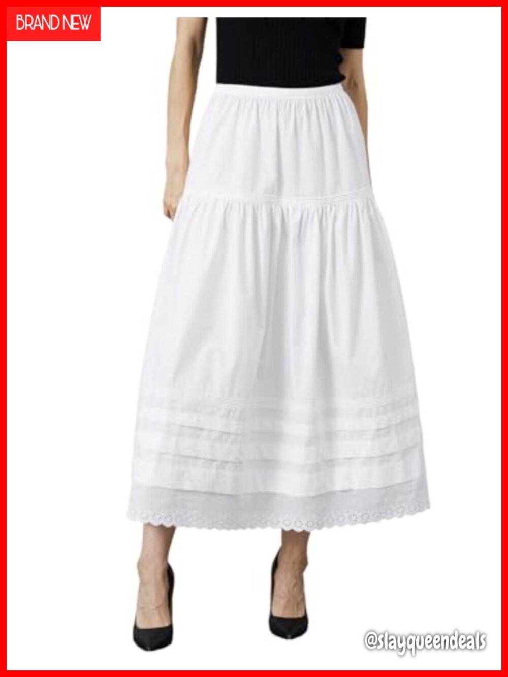 100% Cotton Maxi Skirt Elastic Waist A-Line Flowy Peasant Lace Trim